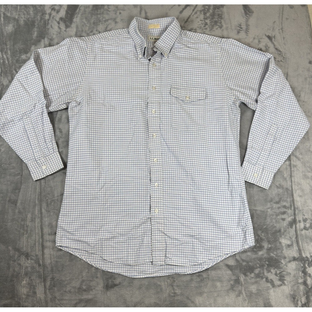LL Bean Button Down Shirt Mens XL Blue White Plaid Tattersall Long Sleeve Cotton
